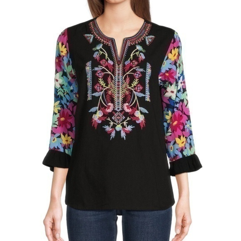 Calessa embroidered split neck blouse